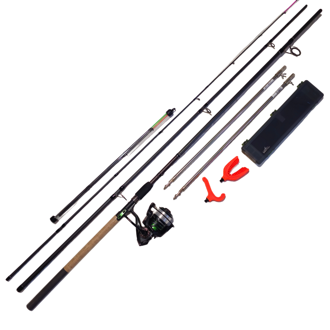 Kit Feeder Complet 3.90m – Mulinetă + Fir + Picheți Inox + Suporturi + Penar 8 Riguri